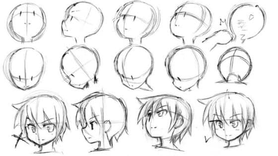 Lets Draw A Fun Easy Tutorial Anime face drawing tutorial showing step-by-step sketching of head angles and hair, ideal for beginners learning illustration techniques. | Sky Rye Design Anime face drawing tutorial showing step-by-step sketching of head angles and hair, ideal for beginners learning illustration techniques.