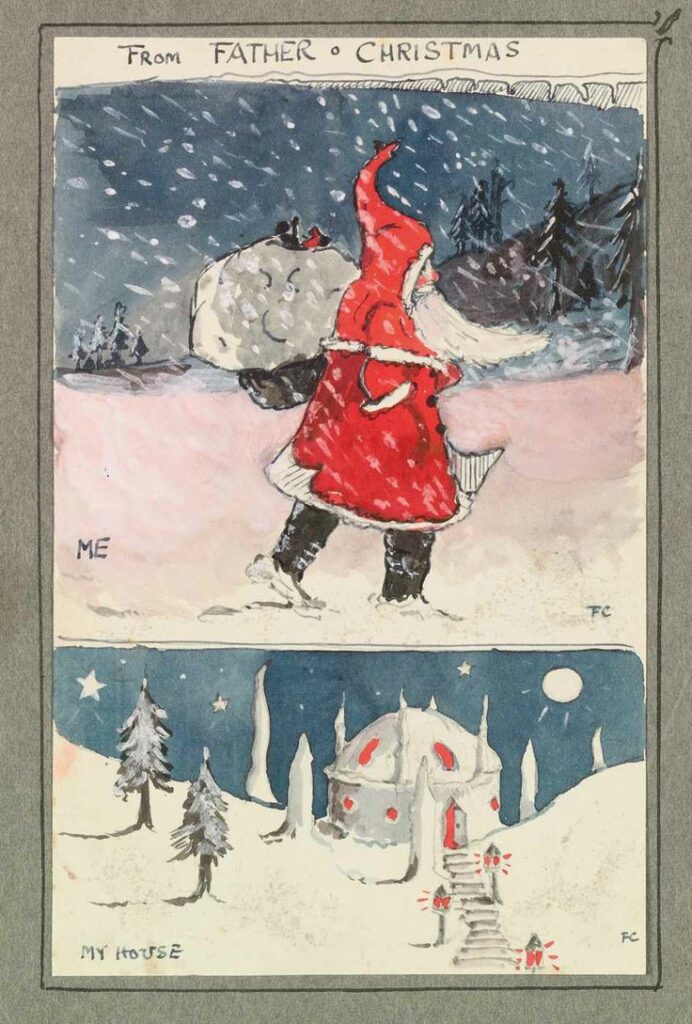 Vintage Santa carrying gifts through snowy forest, approaching a whimsical house under a starry sky. Festive Christmas illustration.
