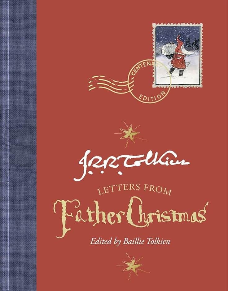 Book cover of Letters from Father Christmas by J.R.R. Tolkien, featuring a festive stamp and a red and blue design.