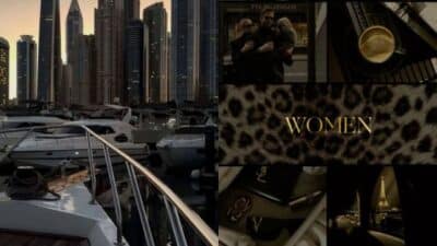 Luxurious cityscape at dusk with yachts, fashion items, and leopard print featuring the word Women.