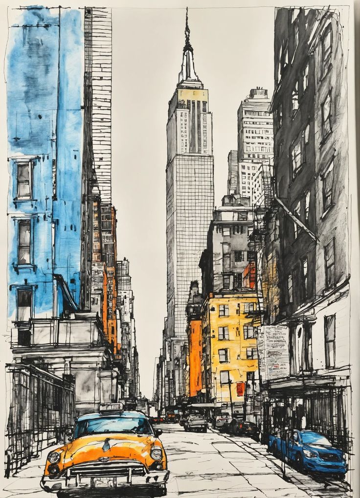 Lexica - Beautiful pen and ink sketch of New York City minimalist colored Illustrated urban scene with a classic yellow taxi on a New York street, towering skyscrapers, colorful buildings, and the iconic skyline. | Sky Rye Design Illustrated urban scene with a classic yellow taxi on a New York street, towering skyscrapers, colorful buildings, and the iconic skyline.