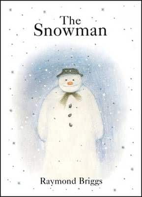 The Snowman book cover featuring a snowman with a green hat and scarf, surrounded by falling snowflakes.