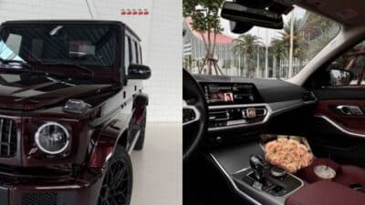 Luxurious black SUV exterior and plush car interior with roses on the seat, showcasing elegance and premium automotive design.