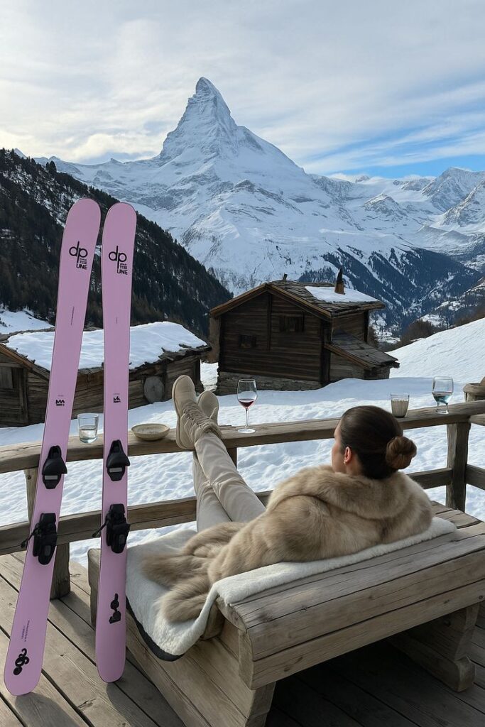 Luxury Winter Escape in the Swiss Alps ❄️ _ Chic Ski Aesthetic Alpine Glamour Woman in fur coat relaxes on snowy terrace with pink skis, overlooking scenic mountain landscape and rustic huts in winter. | Sky Rye Design Woman in fur coat relaxes on snowy terrace with pink skis, overlooking scenic mountain landscape and rustic huts in winter.