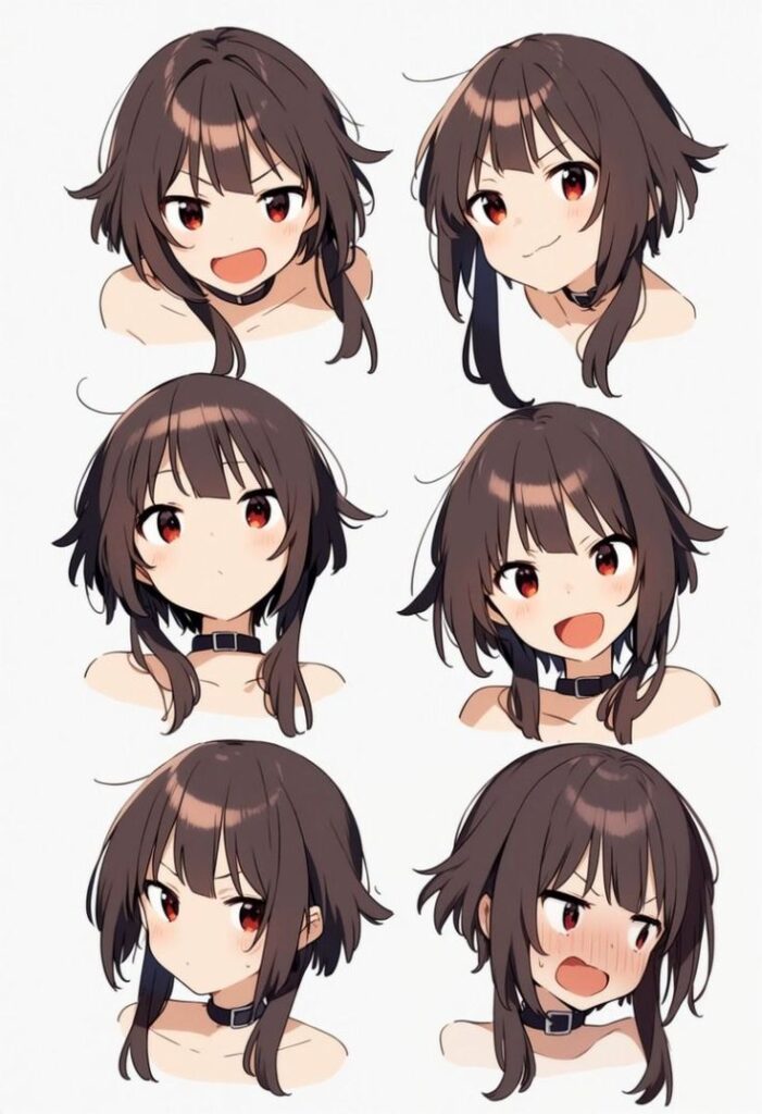 MEGUMIN Anime girl with brown hair and red eyes showing various expressions, including happy, embarrassed, and curious, on a white background. | Sky Rye Design Anime girl with brown hair and red eyes showing various expressions, including happy, embarrassed, and curious, on a white background.