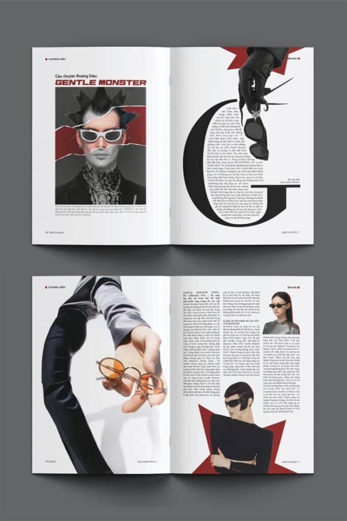 Open magazine featuring Gentle Monster eyewear, showcasing stylish models wearing sunglasses and holding frames, with modern design elements.