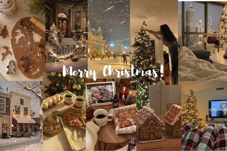 Festive Christmas collage with decorations, cookies, trees, and cozy indoor scenes. Merry Christmas text across the center adds holiday cheer.