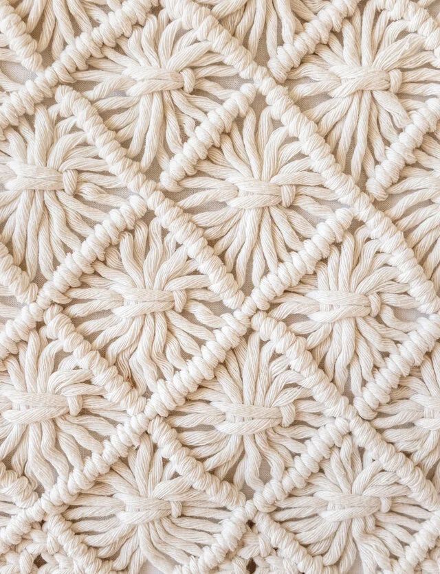 Close-up of intricate macramé texture with diamond pattern, showcasing detailed knot work in off-white cotton rope.