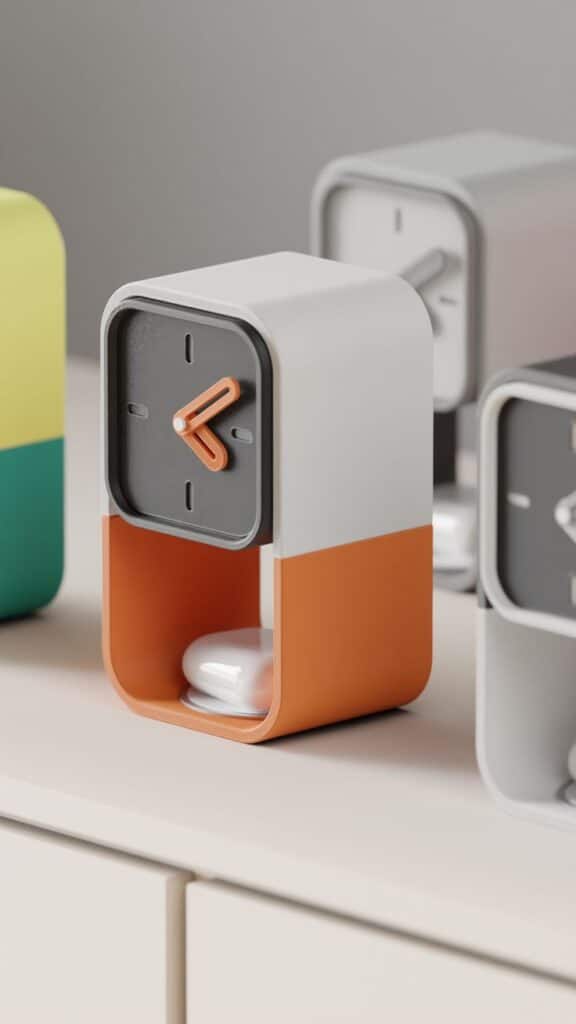 Magsafe Charging 3d printed clock Modern orange and white desk clock with minimalist design and storage compartment, displayed on a sleek surface with other similar clocks. | Sky Rye Design Modern orange and white desk clock with minimalist design and storage compartment, displayed on a sleek surface with other similar clocks.