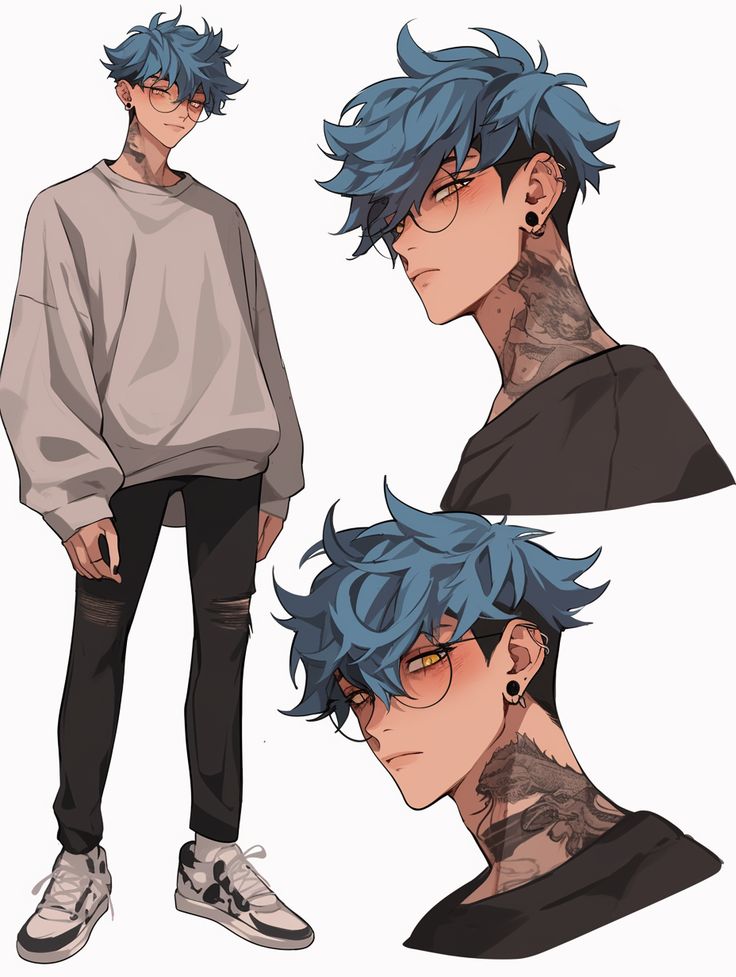 Manwha oc Anime character illustration with blue hair, glasses, tattoos, wearing a loose sweater, ripped jeans, and sneakers. | Sky Rye Design Anime character illustration with blue hair, glasses, tattoos, wearing a loose sweater, ripped jeans, and sneakers.
