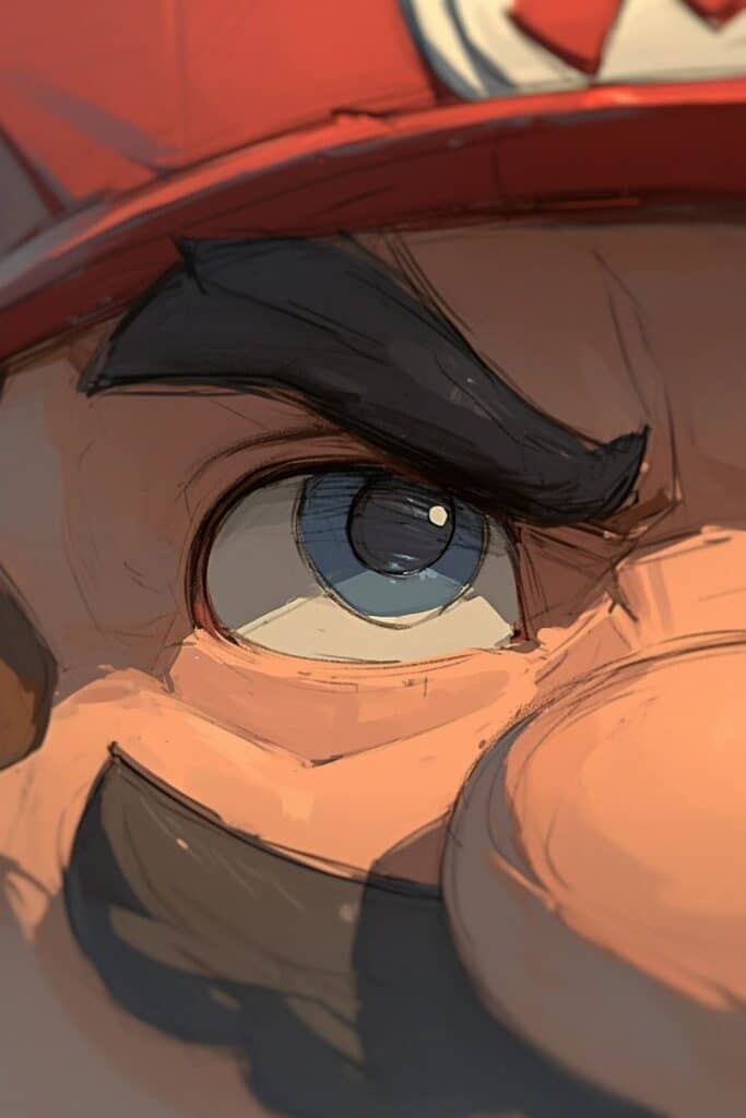 Close-up illustration of a character's intense blue eye with a red cap. Prominent eyebrow and mustache add expression and detail.