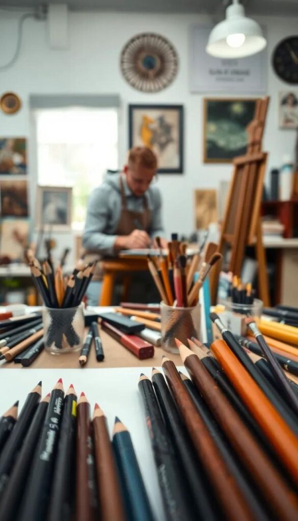 Master Drawing_ Essential Tools and Techniques for Artists Artist working in a studio surrounded by colorful pencils and art supplies, focusing on a creative project. | Sky Rye Design Artist working in a studio surrounded by colorful pencils and art supplies, focusing on a creative project.