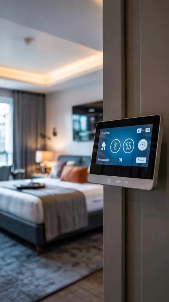Maximise Comfort with Small Villa Layouts_ Essential Tips Smart home automation panel in modern bedroom for convenient control of lighting and temperature settings. | Sky Rye Design Smart home automation panel in modern bedroom for convenient control of lighting and temperature settings.