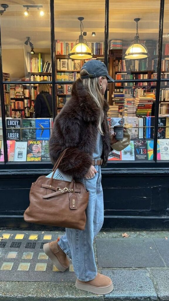 Person in stylish fur coat and jeans with coffee stands outside a bookstore.