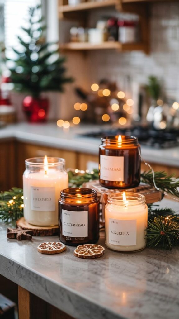 Merry Bright_ 25 Christmas Kitchen Decorations You Can Copy Lit festive candles on a kitchen countertop with gingerbread and vanilla scents, surrounded by holiday decor and soft, warm lighting. | Sky Rye Design Lit festive candles on a kitchen countertop with gingerbread and vanilla scents, surrounded by holiday decor and soft, warm lighting.