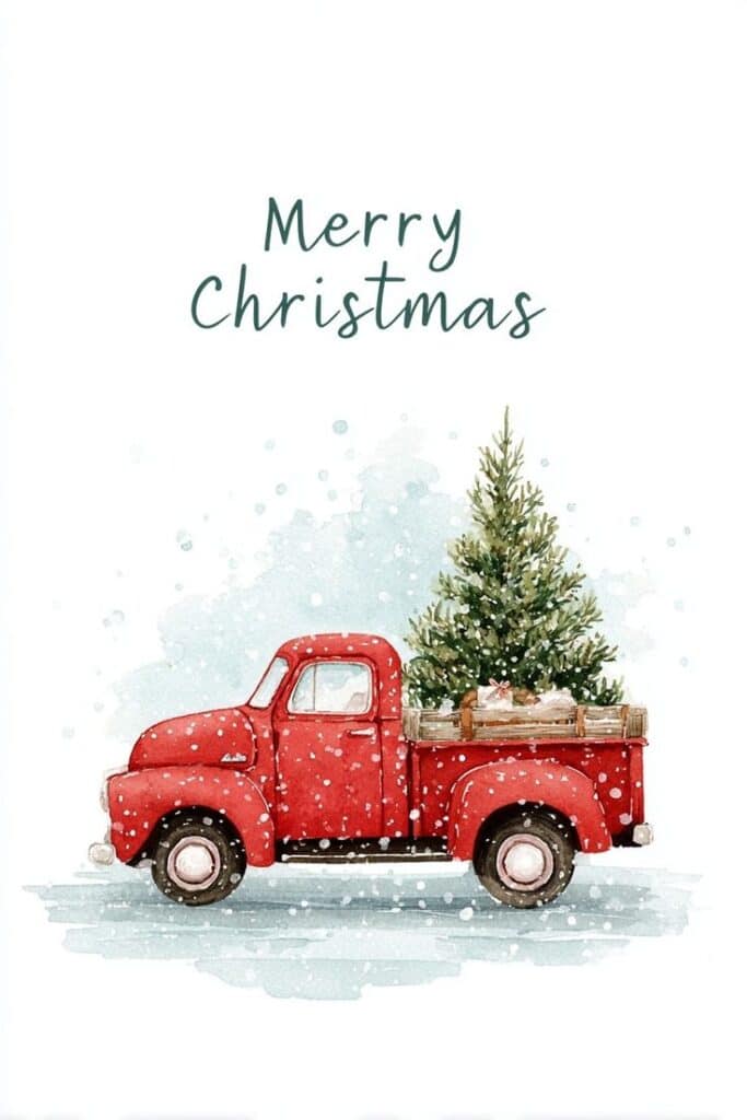 Vintage red truck carrying a Christmas tree in the snow with Merry Christmas text. Festive holiday watercolor illustration.