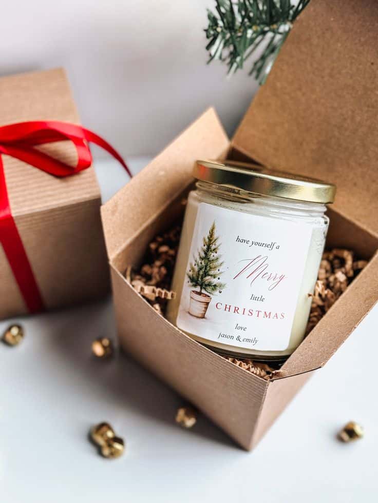 Merry Little Christmas Candle _ Handmade Scented Soy Candle _ Personalized Candle Gift _ Woody Christmas Tree Scent _ Christmas Table Decor _ Stocking Stuffer - 9 oz candle + box _ Christmas Cookies Christmas candle gift in a box with festive decorations, featuring Merry Christmas label, ideal for holiday presents and decor. | Sky Rye Design Christmas candle gift in a box with festive decorations, featuring Merry Christmas label, ideal for holiday presents and decor.