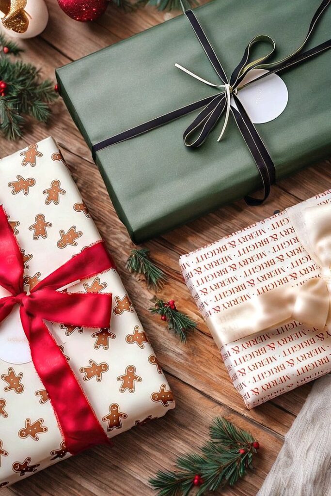 Merry Market 3-pack Premium Matte Christmas Wrapping Paper Minimal Holiday Gift Wrap G Festive wrapped gifts with ribbons on a wooden surface, surrounded by pine branches and ornaments, perfect for Christmas celebrations. | Sky Rye Design Festive wrapped gifts with ribbons on a wooden surface, surrounded by pine branches and ornaments, perfect for Christmas celebrations.