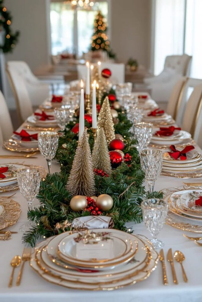 Elegant Christmas dining table setup with festive ornaments, golden trees, and candles, perfect for a holiday celebration.