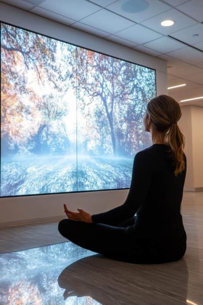 Woman meditating indoors, gazing at a large digital screen displaying a tranquil forest scene. Relaxation and mindfulness setting.