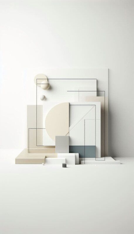 Abstract geometric art with 3D shapes and lines in neutral tones on a white background, creating a minimalist and modern design.