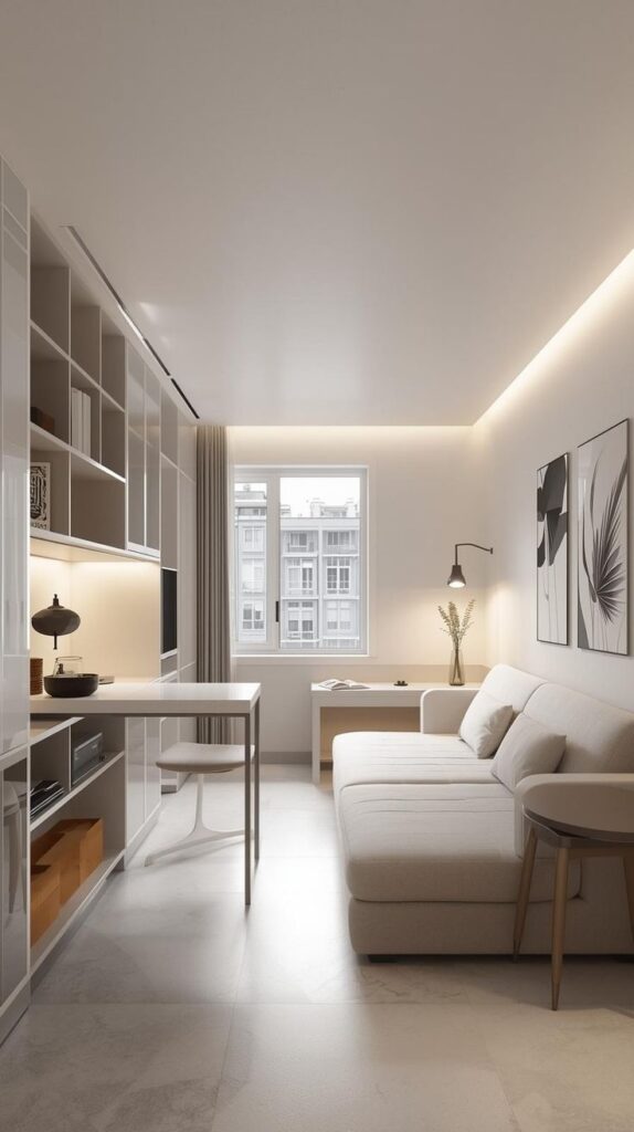 Minimalist modern living room with beige sofa, wall art, and white desk near window, featuring sleek shelves and soft ambient lighting.