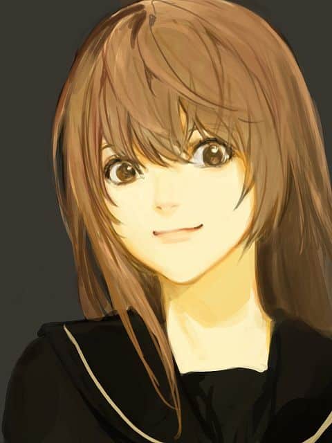 Miss Light yagami❤️❤️❤️ Anime-style illustration of a smiling girl with long brown hair wearing a dark outfit, on a neutral background. | Sky Rye Design Anime-style illustration of a smiling girl with long brown hair wearing a dark outfit, on a neutral background.