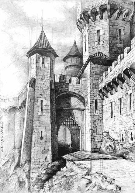 Mn Pencil sketch of a majestic medieval castle with tall towers and an arched entrance, capturing historic architectural details. | Sky Rye Design Pencil sketch of a majestic medieval castle with tall towers and an arched entrance, capturing historic architectural details.