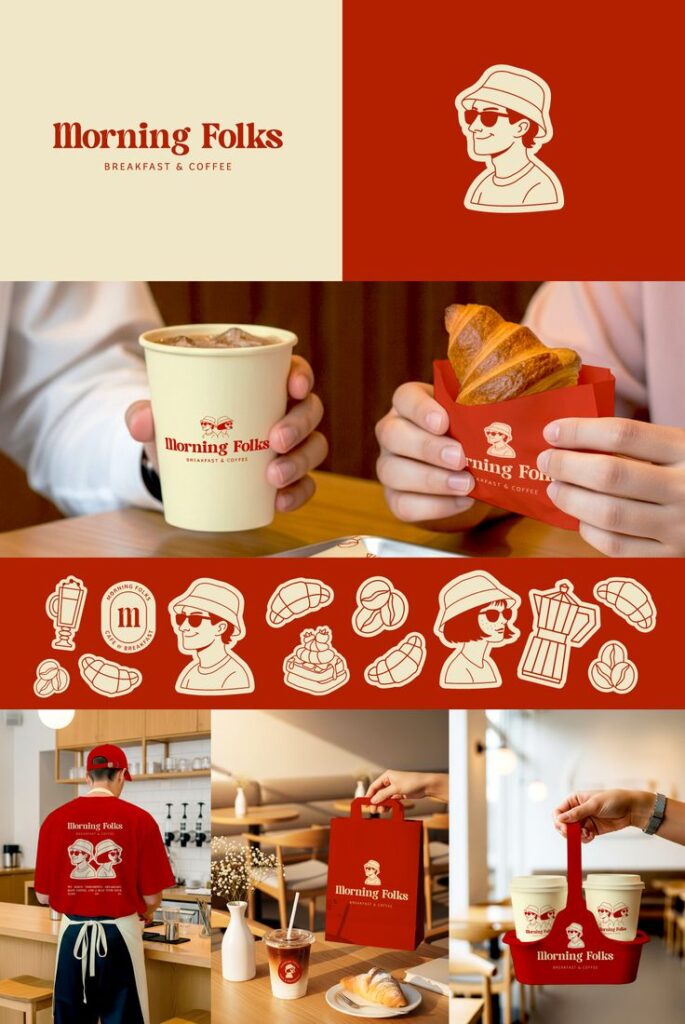 Morning Folks branding with coffee cups, pastries, and vibrant red packaging, showcasing breakfast and coffee shop logo and ambiance.