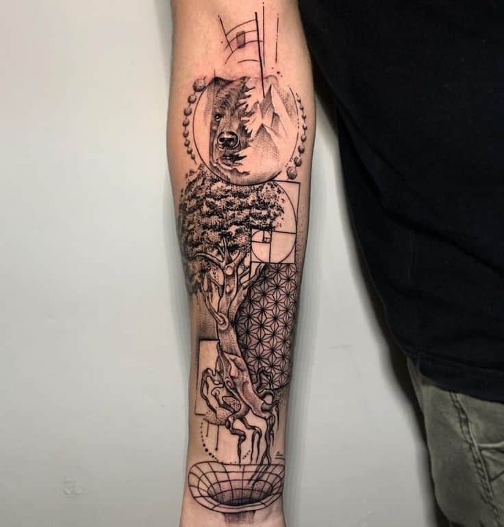 Modern Geometric Tattoo Ideas for a Bold Statement Geometric tattoo featuring a bear, tree, and abstract designs on forearm, showcasing nature and sacred geometry themes. | Sky Rye Design Geometric tattoo featuring a bear, tree, and abstract designs on forearm, showcasing nature and sacred geometry themes.
