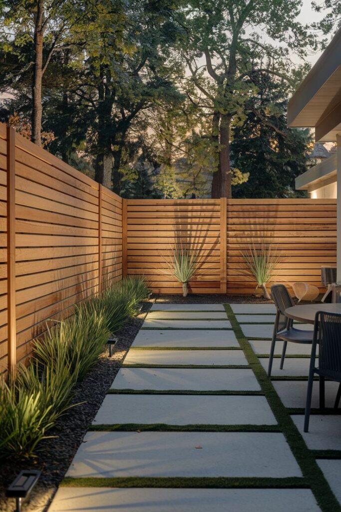 Modern Horizontal Wood Fence Modern backyard patio with wooden fence, plants, and outdoor seating, featuring stone tile path and soft evening light. | Sky Rye Design Modern backyard patio with wooden fence, plants, and outdoor seating, featuring stone tile path and soft evening light.