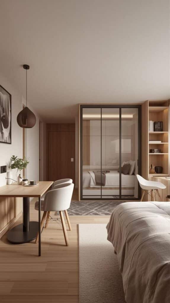 Modern minimalist bedroom with wooden flooring, cozy seating area, and sleek wardrobe design, showcasing elegant decor and neutral tones.