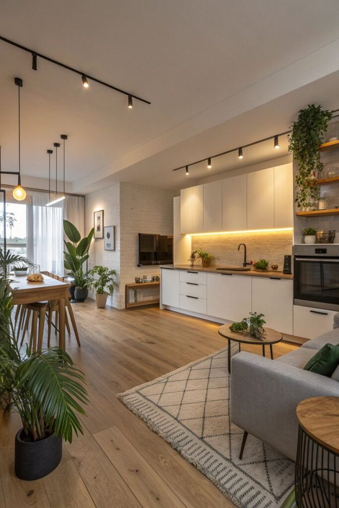 Modern open-plan kitchen and living room with wood floors, white cabinets, dining area, and green plants for a cozy, stylish home.