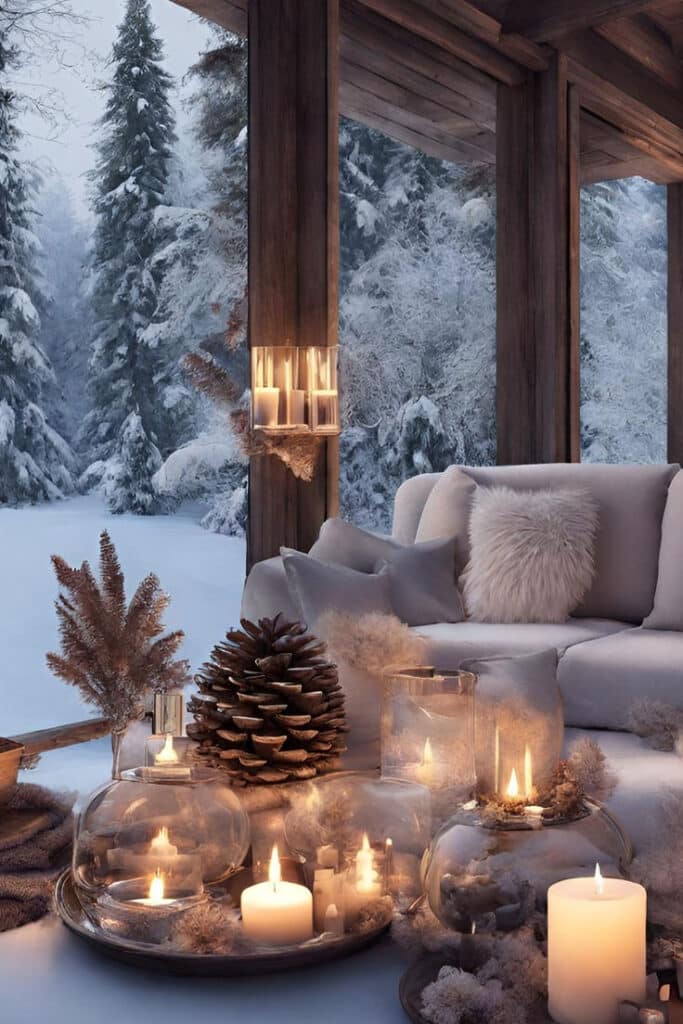 Modern Ski Home Ideas - Rustic Trend Concepts Cozy winter cabin with candles, pinecones, and snowy forest view, offering a warm and serene holiday atmosphere. | Sky Rye Design Cozy winter cabin with candles, pinecones, and snowy forest view, offering a warm and serene holiday atmosphere.