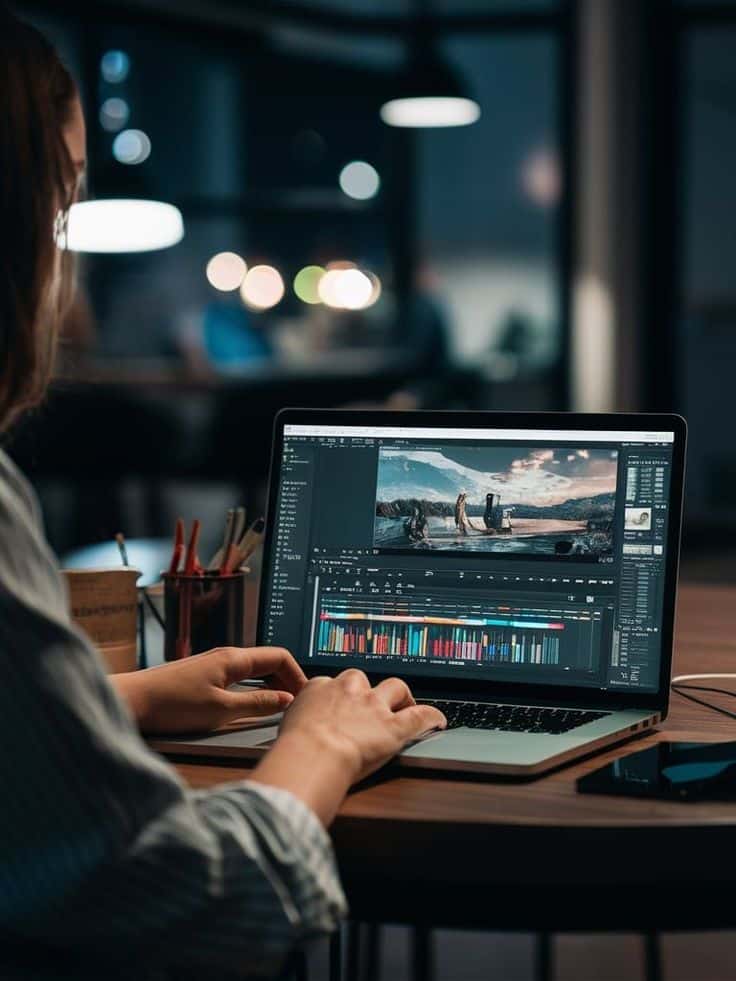 Modern Video Editing Trends Person editing video on laptop at night, colorful timeline on screen. | Sky Rye Design Person editing video on laptop at night, colorful timeline on screen.
