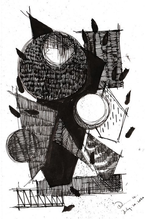 Abstract black and white geometric art with circles, lines, and shapes, creating a dynamic composition.