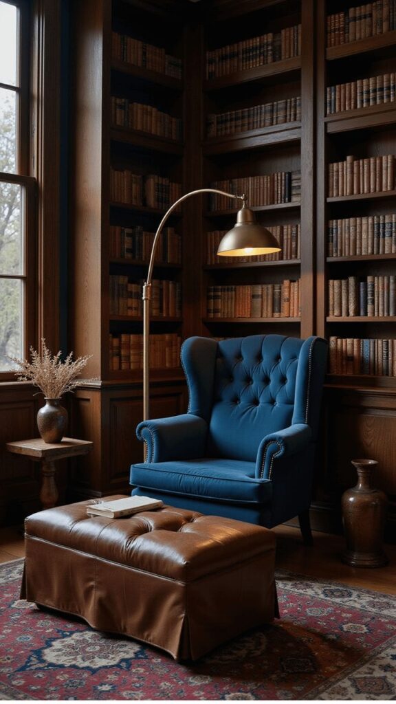 Cozy library with a blue armchair, leather ottoman, brass floor lamp, and vintage bookshelves, creating a warm and inviting reading nook.