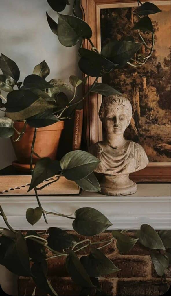 Moody vines ✨ Bust sculpture on a mantel, surrounded by lush green vines, a terracotta pot, and rustic art in an elegant home decor setting. | Sky Rye Design Bust sculpture on a mantel, surrounded by lush green vines, a terracotta pot, and rustic art in an elegant home decor setting.