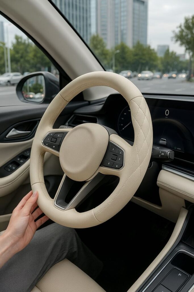Person holding a beige steering wheel in a modern car interior with cityscape view in the background.