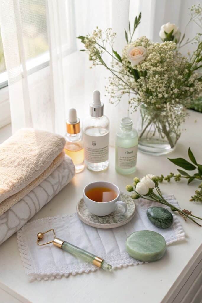 Cozy spa setup with herbal tea, jade roller, skincare bottles, and fresh flowers on a sunlit table for a calming wellness experience.