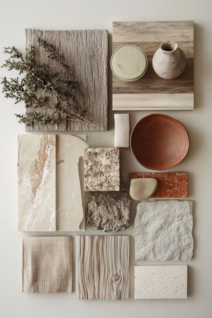 Natural Materials and Textures _ Природные материалы и текстуры Flatlay of natural textures and materials, featuring wood, stone, ceramic, and fabric samples for design inspiration. | Sky Rye Design Flatlay of natural textures and materials, featuring wood, stone, ceramic, and fabric samples for design inspiration.