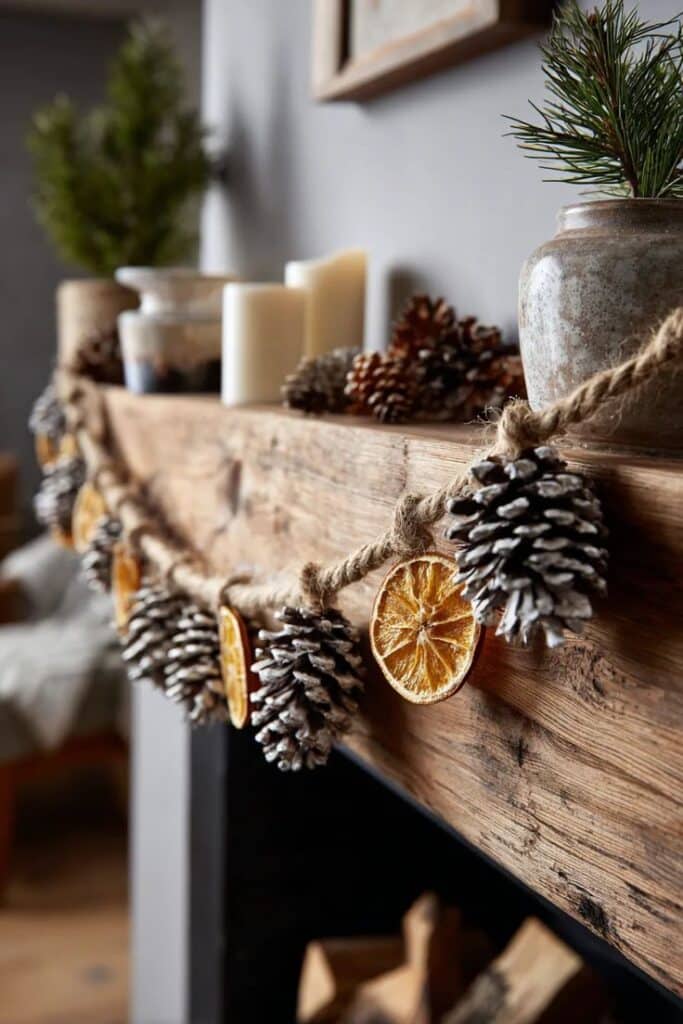 Natural Pinecone Garland Christmas Mantle Decor Idea Rustic mantel decorated with pinecones, dried oranges, candles, and greenery for a cozy, natural holiday look. | Sky Rye Design Rustic mantel decorated with pinecones, dried oranges, candles, and greenery for a cozy, natural holiday look.