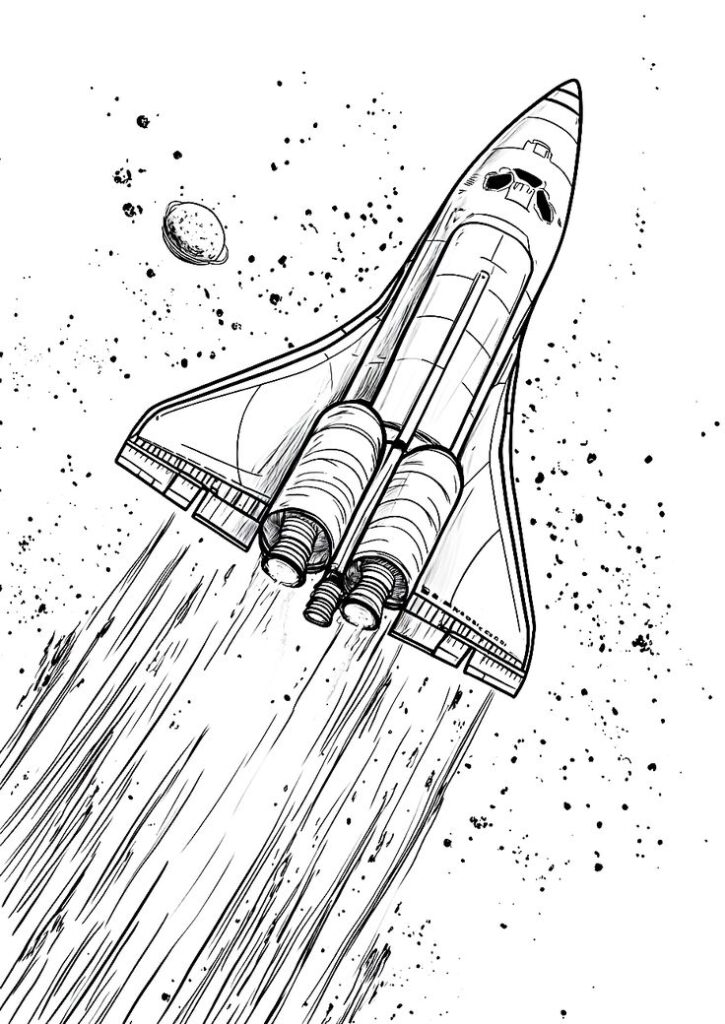 Nave espacial despegando Illustrated space shuttle launching into outer space, leaving a trail against a backdrop of stars and an asteroid. | Sky Rye Design Illustrated space shuttle launching into outer space, leaving a trail against a backdrop of stars and an asteroid. vhow to draw a spaceship