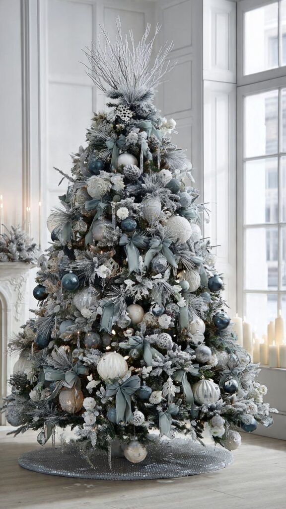 Elegant Christmas tree adorned with silver and blue ornaments, ribbons, and frosted branches, set in a bright, festive room.