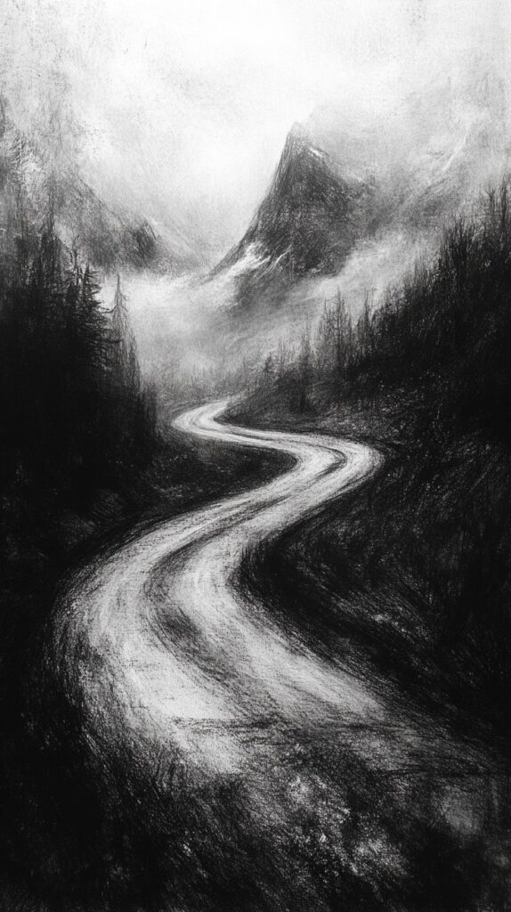 Monochrome winding road through misty mountains, surrounded by dark forest. Mysterious landscape, evoking a sense of adventure and solitude.
