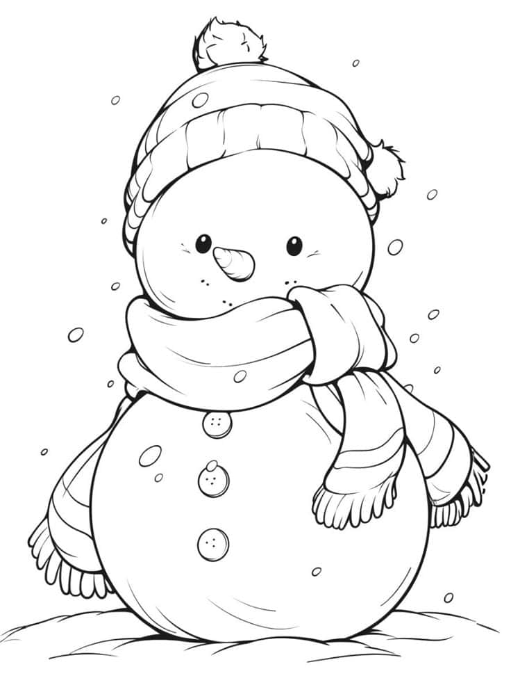 Cute snowman with a winter hat and scarf, surrounded by falling snowflakes. Perfect for coloring pages and holiday fun.