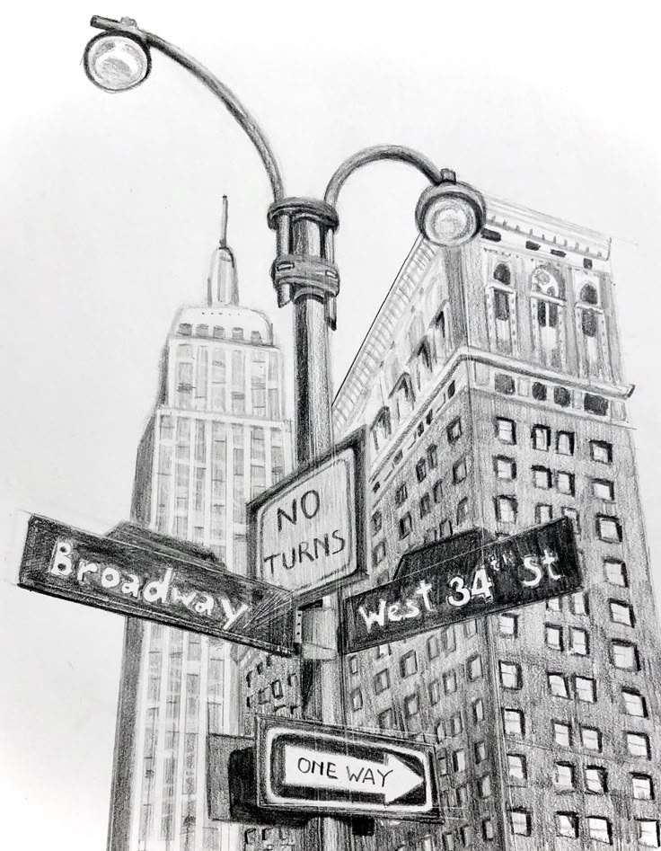 New York Drawing_ Black and white sketch of Broadway and West 34th St signs with tall buildings and streetlights in a bustling cityscape. | Sky Rye Design Black and white sketch of Broadway and West 34th St signs with tall buildings and streetlights in a bustling cityscape.