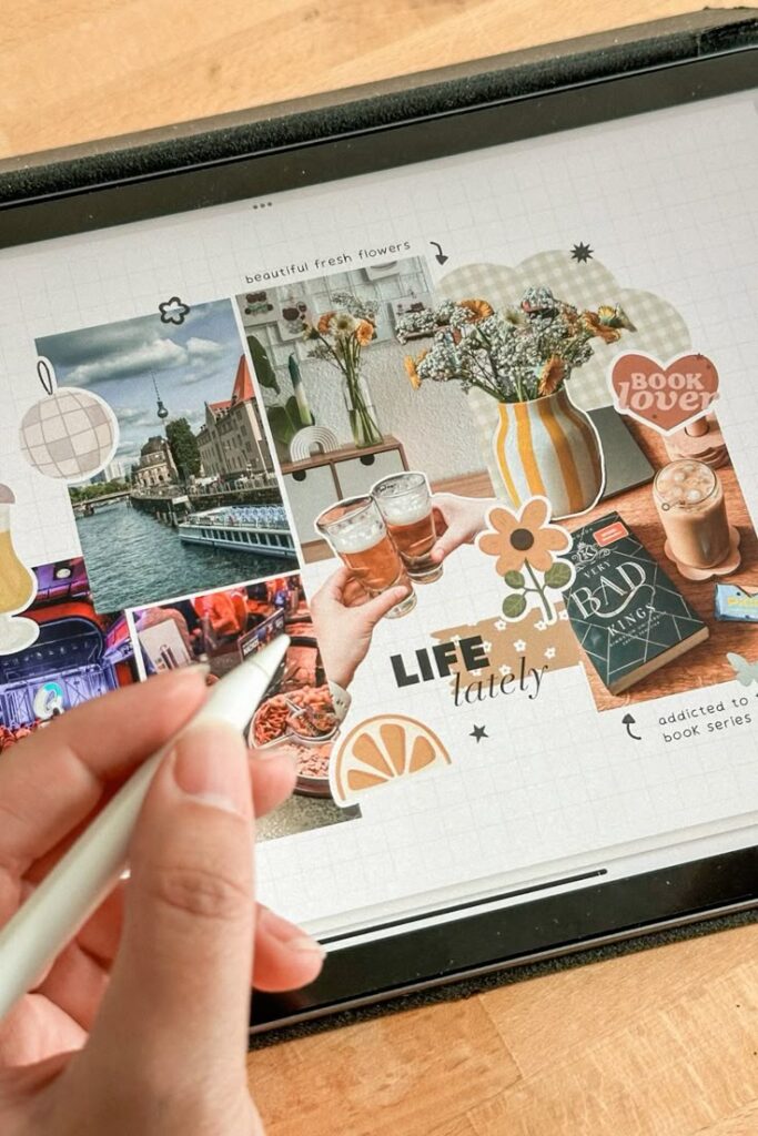 Digital collage featuring travel photos, fresh flowers, books, and drinks, created on a tablet. A hand holds a stylus, ready to edit.