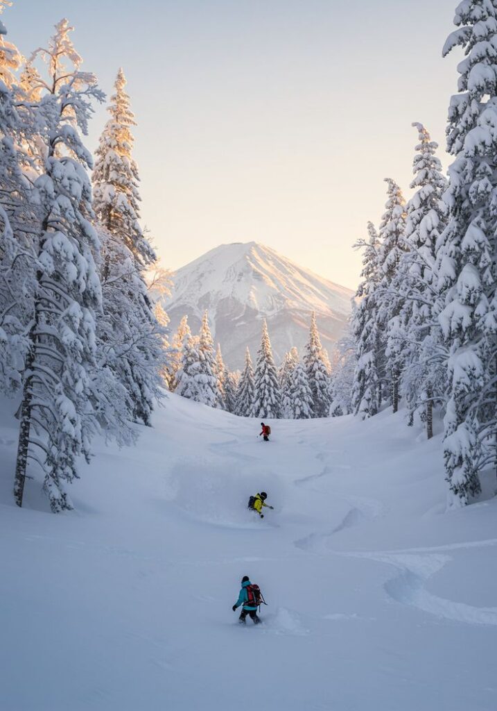 Skiers navigate powdery snow through a forested mountain slope at sunrise, with a majestic peak in the background.
