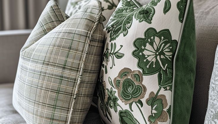 Green floral and plaid throw pillows on a sofa, offering a cozy and stylish home decor accent.